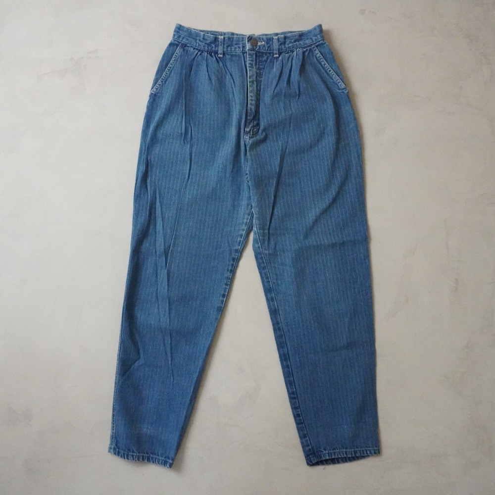 Vintage Lee Riders Jeans 14 Petite Womens 90s Blue Pinstripe Pleated High Waist